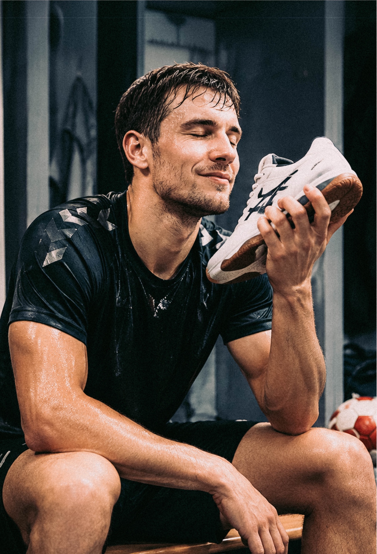 Handballspieler riecht an frischem Schuh